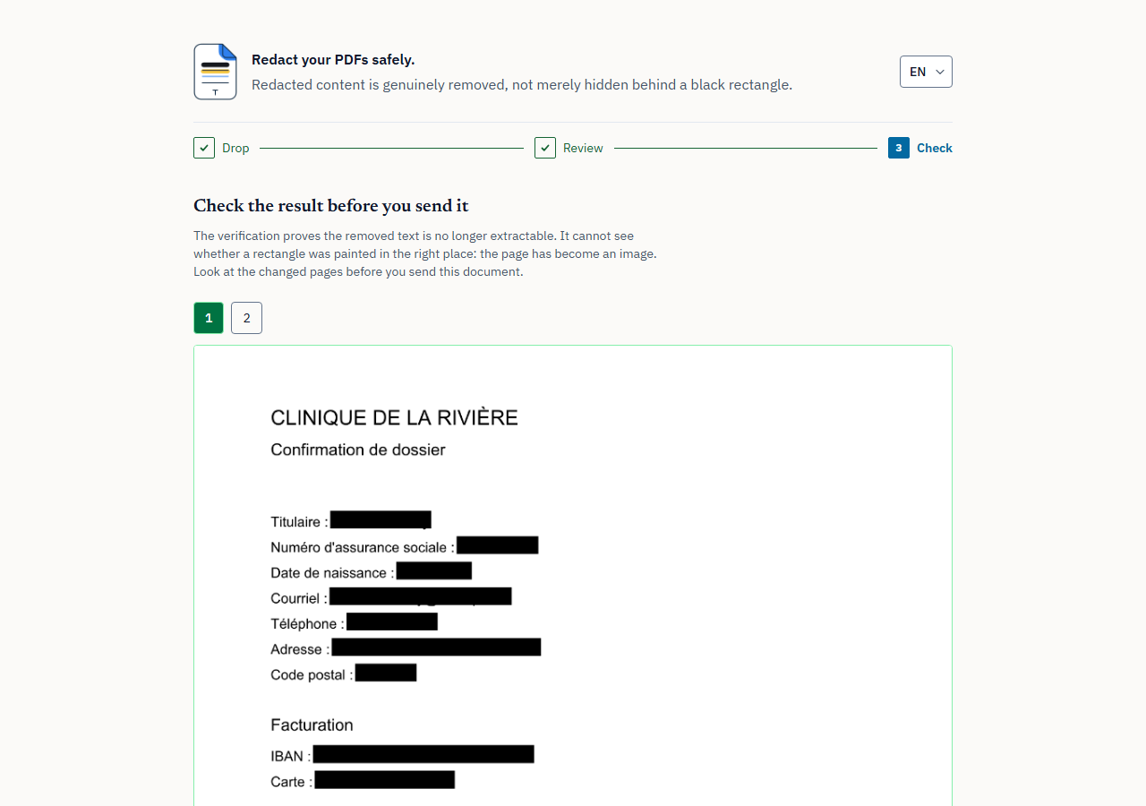 The screen shown after the file is produced: the redacted page, black bands where the values were, above the note that the check cannot see whether a rectangle covered the right place.