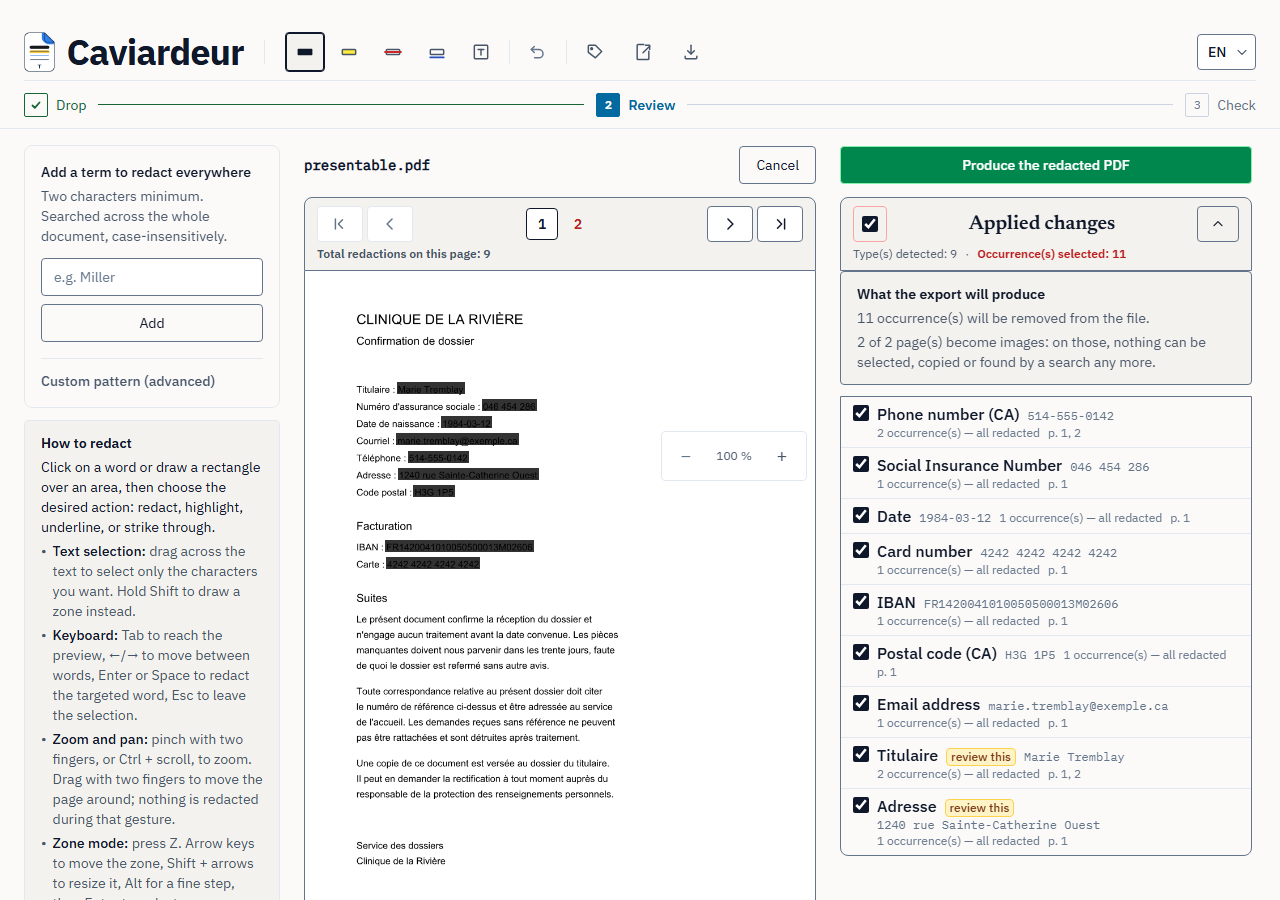 The review screen: the page of a document on the left with a name, a social insurance number and an address boxed out on it, and on the right the list of what was detected, each line with a checkbox.