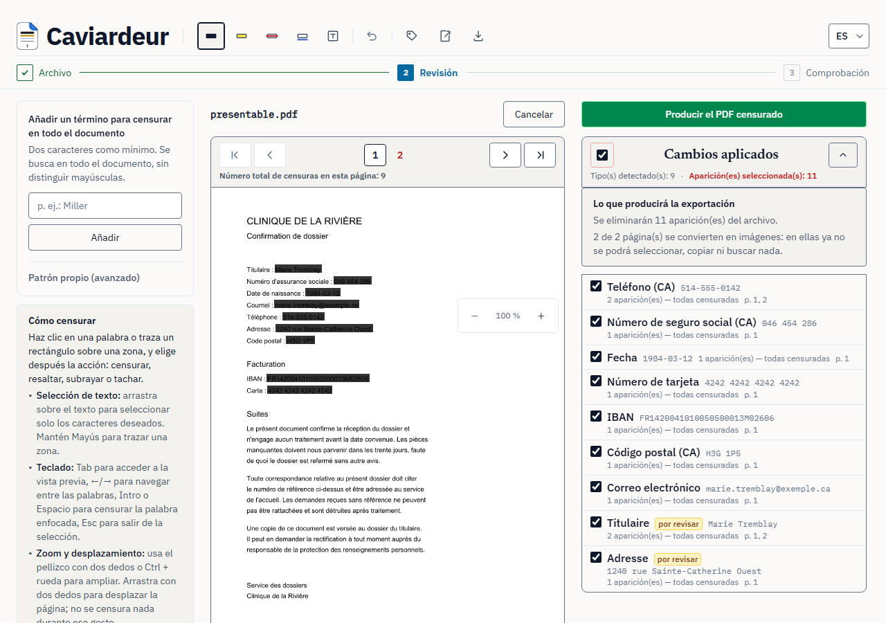 La pantalla de revisión: a la izquierda la página de un documento, con un nombre, un número de identificación y una dirección recuadrados; a la derecha la lista de lo detectado, cada línea con su casilla.