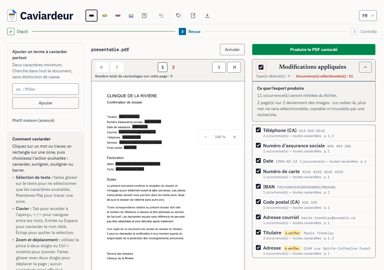L’écran de revue : à gauche la page d’un document, un nom, un numéro d’assurance sociale et une adresse encadrés dessus ; à droite la liste de ce qui a été détecté, chaque ligne avec une case à cocher.
